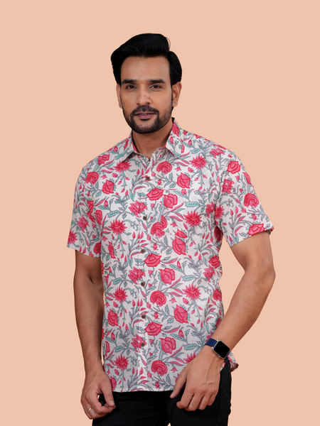 White & Crimson Floral Vine Pure Cotton Shirt for Men | Dooriya Jaipur