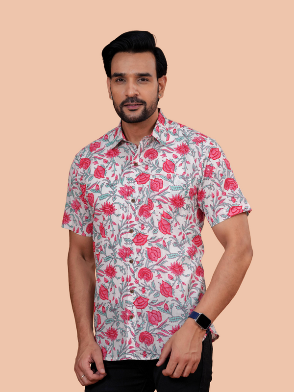 White & Crimson Floral Vine Pure Cotton Shirt for Men | Dooriya Jaipur