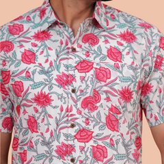 White & Crimson Floral Vine Pure Cotton Shirt for Men | Dooriya Jaipur