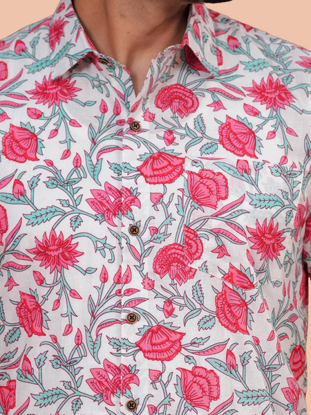 White & Crimson Floral Vine Pure Cotton Shirt for Men | Dooriya Jaipur