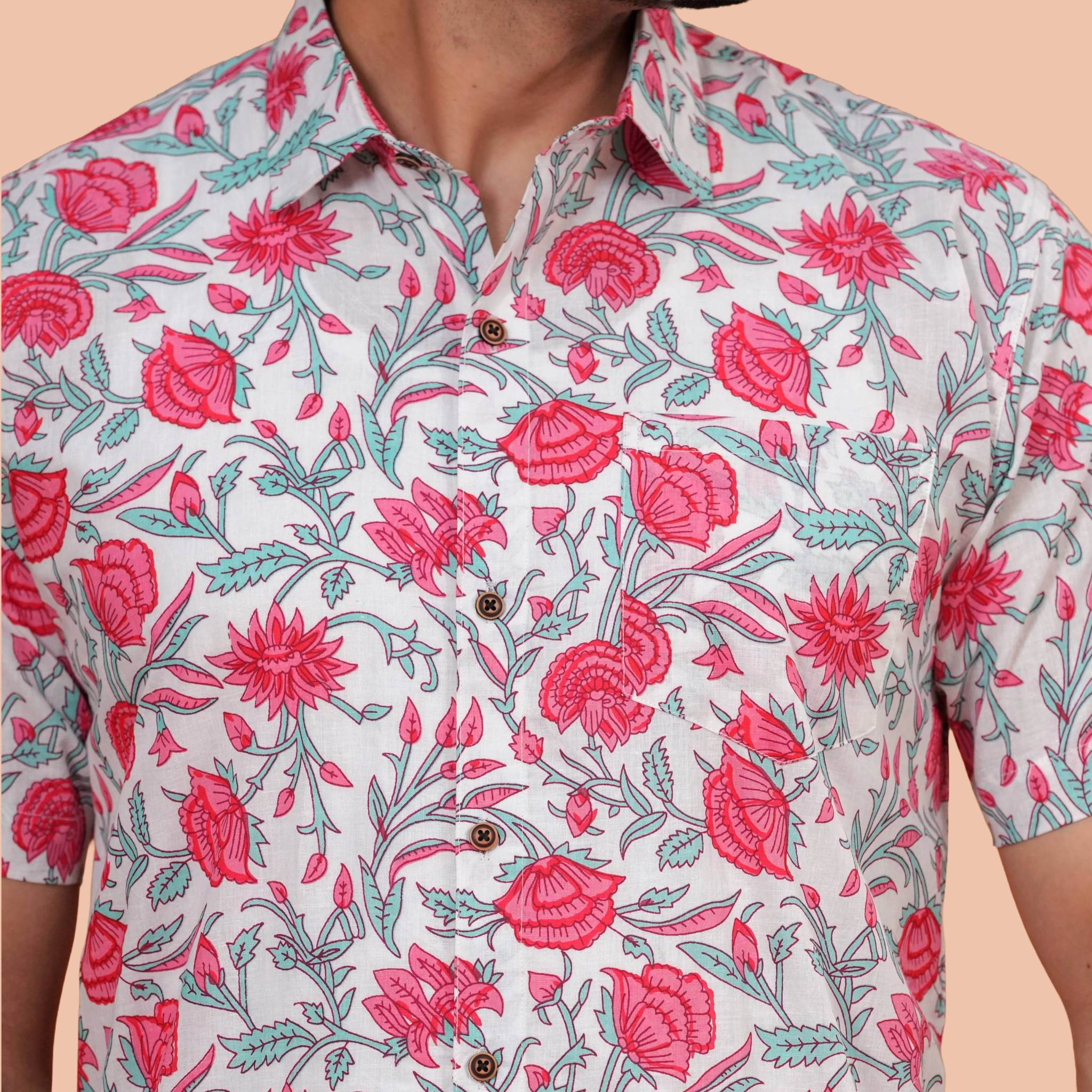 White & Crimson Floral Vine Pure Cotton Shirt for Men | Dooriya Jaipur
