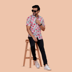 White & Crimson Floral Vine Pure Cotton Shirt for Men | Dooriya Jaipur