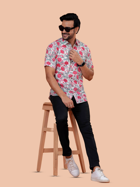 White & Crimson Floral Vine Pure Cotton Shirt for Men | Dooriya Jaipur