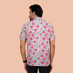White & Crimson Floral Vine Pure Cotton Shirt for Men | Dooriya Jaipur