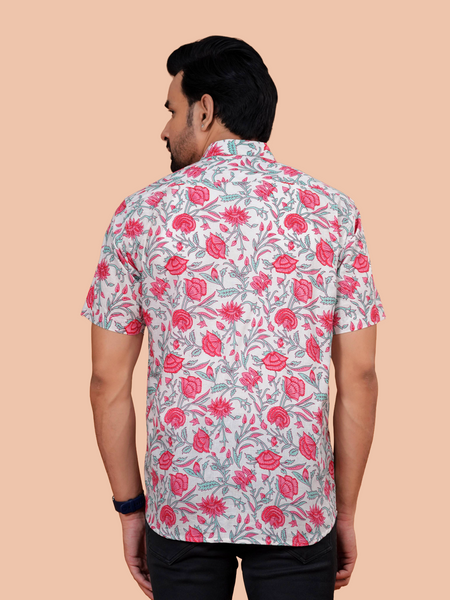 White & Crimson Floral Vine Pure Cotton Shirt for Men | Dooriya Jaipur