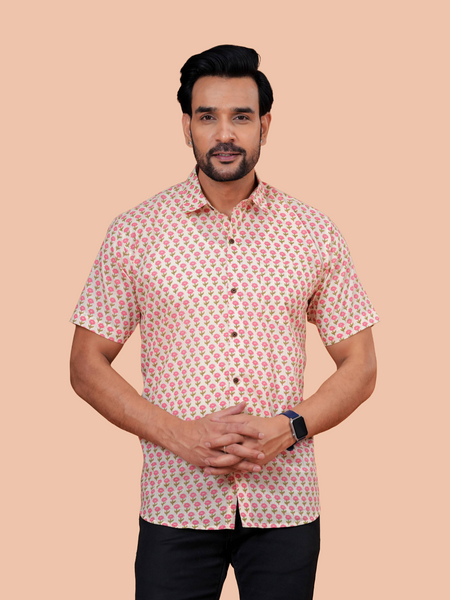 Cream & Pink Floral Buti Pure Cotton Shirt for Men | Dooriya Jaipur