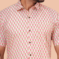 Cream & Pink Floral Buti Pure Cotton Shirt for Men | Dooriya Jaipur
