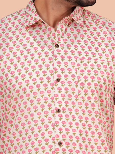 Cream & Pink Floral Buti Pure Cotton Shirt for Men | Dooriya Jaipur