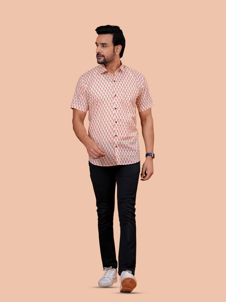 Cream & Pink Floral Buti Pure Cotton Shirt for Men | Dooriya Jaipur