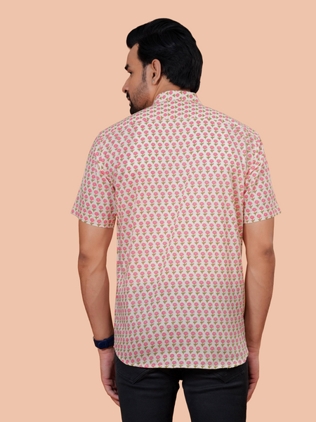 Cream & Pink Floral Buti Pure Cotton Shirt for Men | Dooriya Jaipur