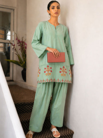 Mint Embroidered Cotton Farshi Kurti Set