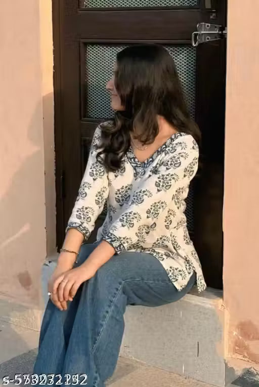White Indigo Floral Buti Short Kurti