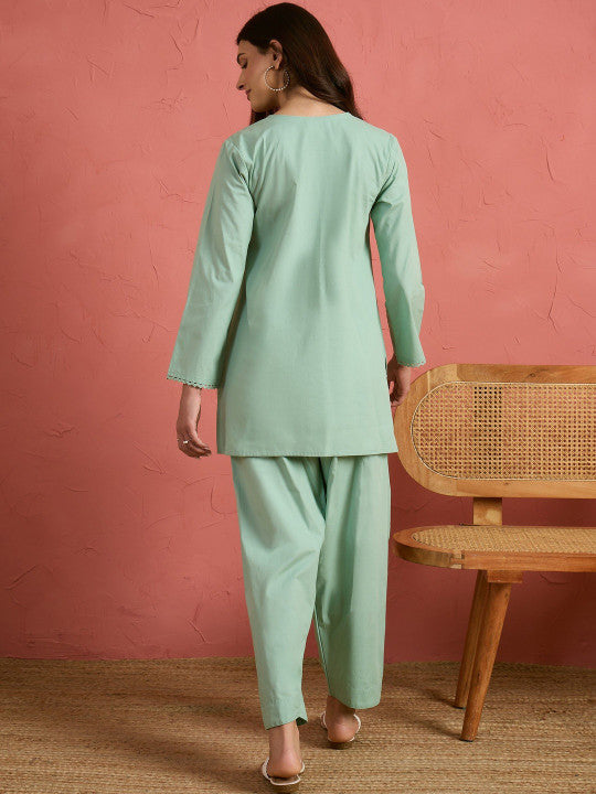 Mint Embroidered Cotton Farshi Kurti Set