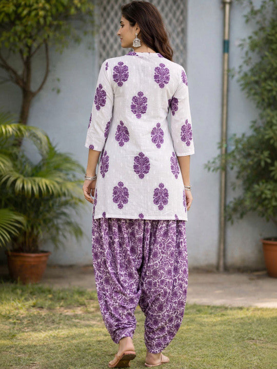 White Purple Buti Cotton Farshi Kurti Set