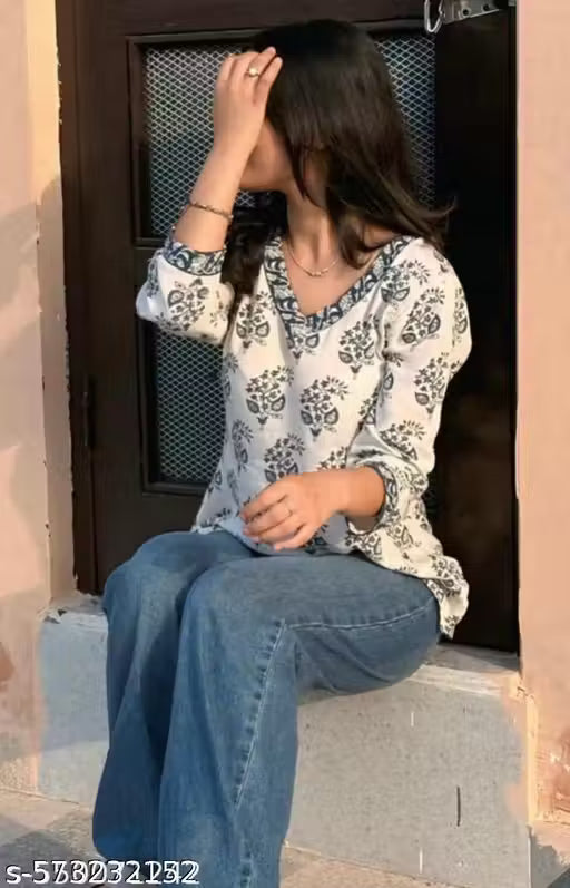 White Indigo Floral Buti Short Kurti