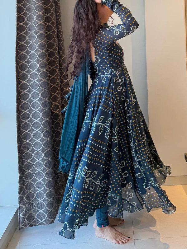 Teal Blue Bandhani Print Georgette Anarkali Suit Set