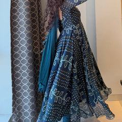 Teal Blue Bandhani Print Georgette Anarkali Suit Set