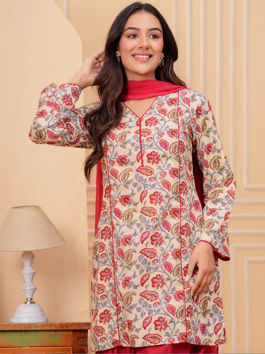 Cream Floral Cotton Kurta Set with Palazzo