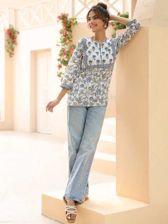Blue Floral Vine Short Kurti