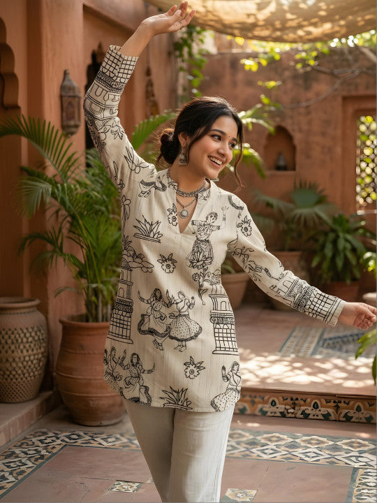 Off White Ethnic Motif Short Kurti
