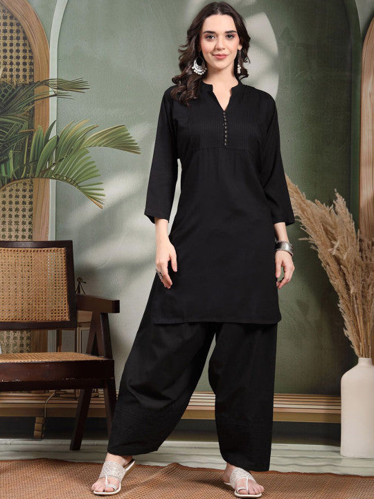 Black Solid Cotton Farshi Kurti Set