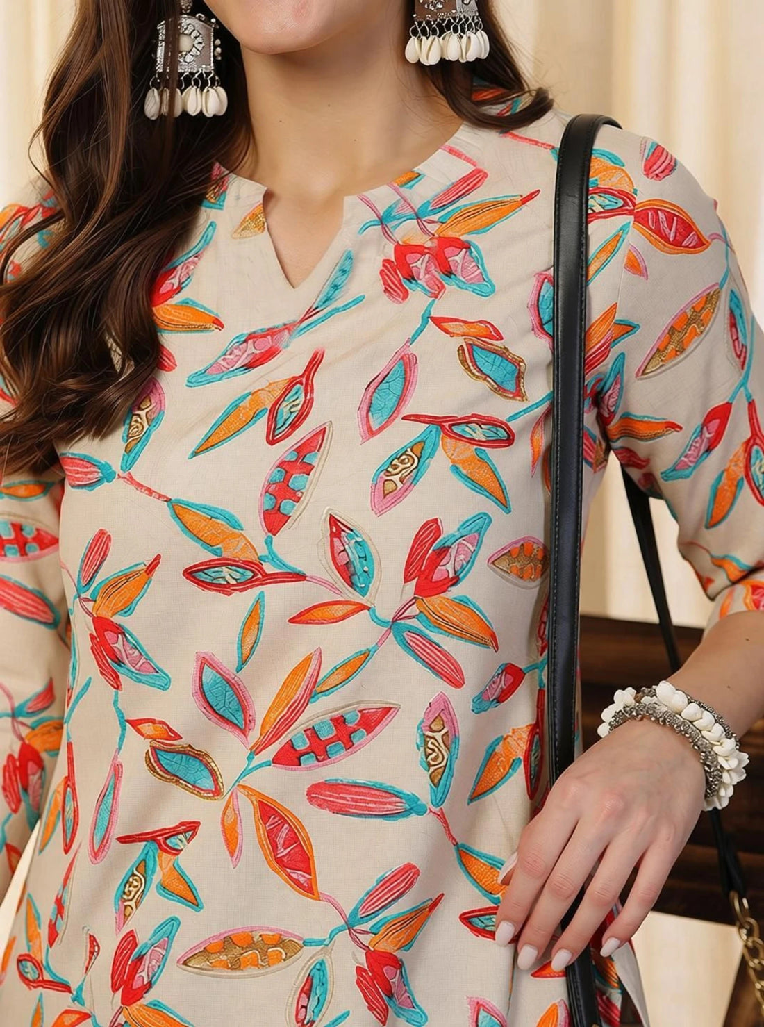 Beige Multicolor Leaf Short Kurti