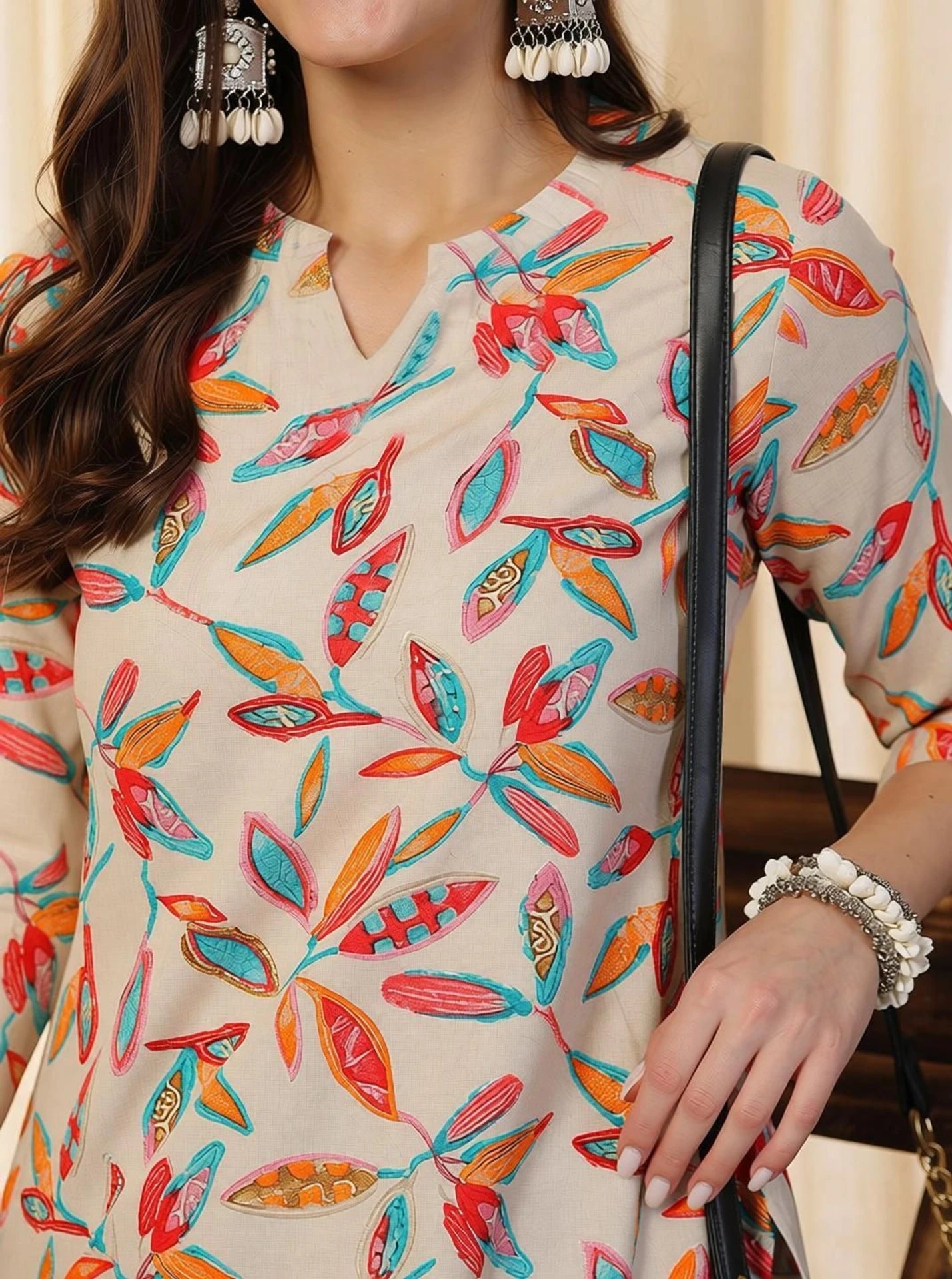 Beige Multicolor Leaf Short Kurti