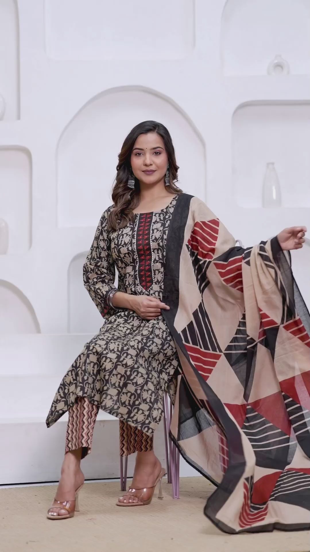 Black & Red Bagru Print Cotton Kurta Pant Set with Mulmul Dupatta