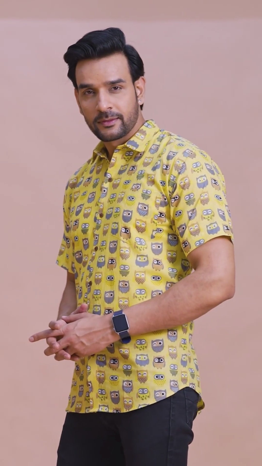 Yellow Owl Print Pure Cotton Casual Shirt for Men | Dooriya Jaipur