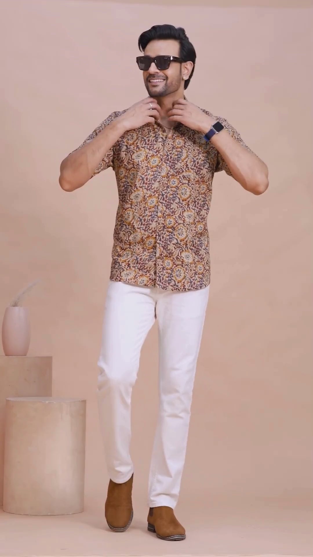 Earthy Ochre Jaal Printed Pure Cotton Shirt for Men | Dooriya Jaipur