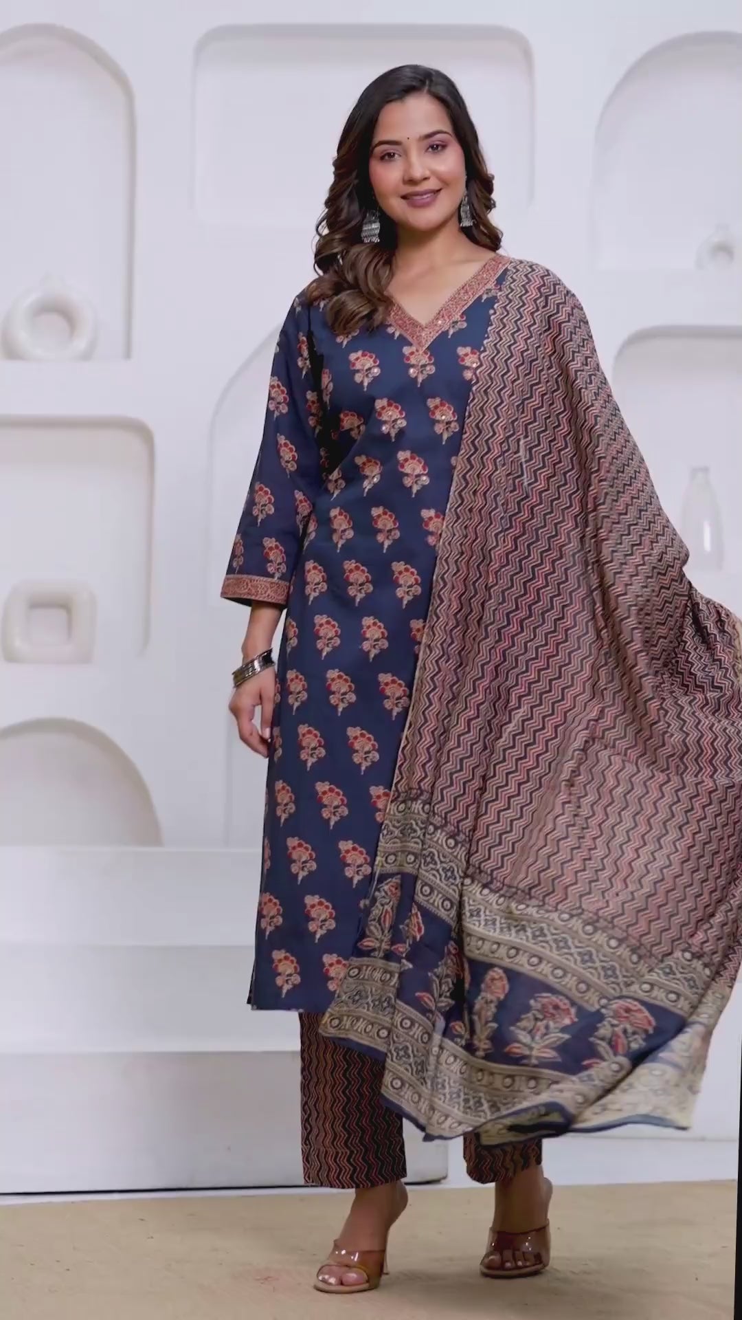 Indigo Ajrakh Print Cotton Kurta Pant Set with Mulmul Dupatta