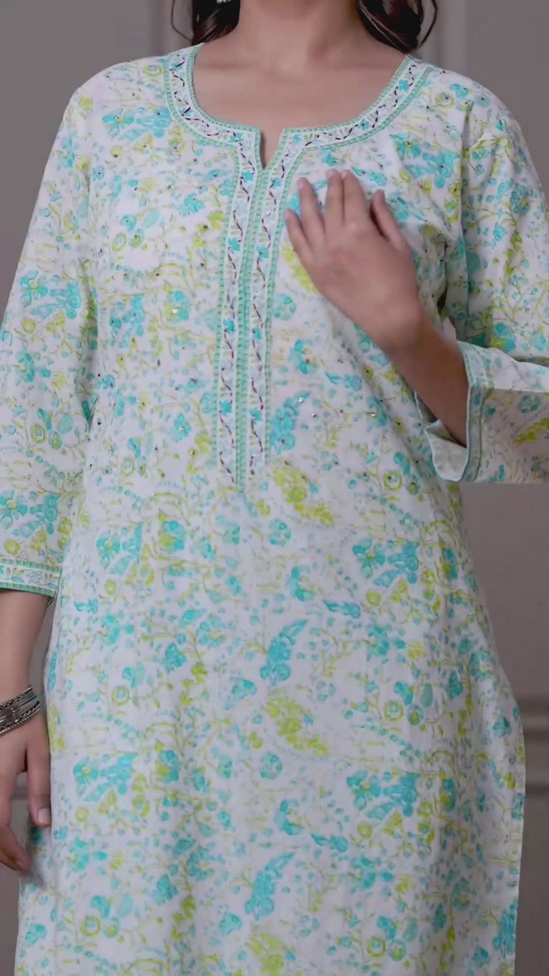 Sky Blue Multicolor Floral Print Cotton Kurta Pant Set with Mulmul Dupatta