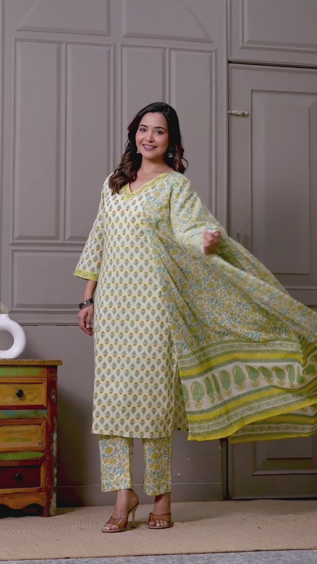 Yellow & Green Mughal Print Cotton Kurta Pant Set with Mulmul Dupatta