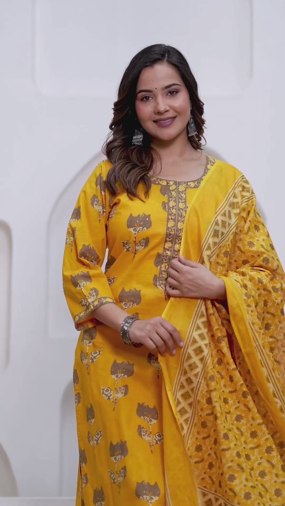 Golden Yellow Buta Print Cotton Kurta Pant Set with Cotton Dupatta