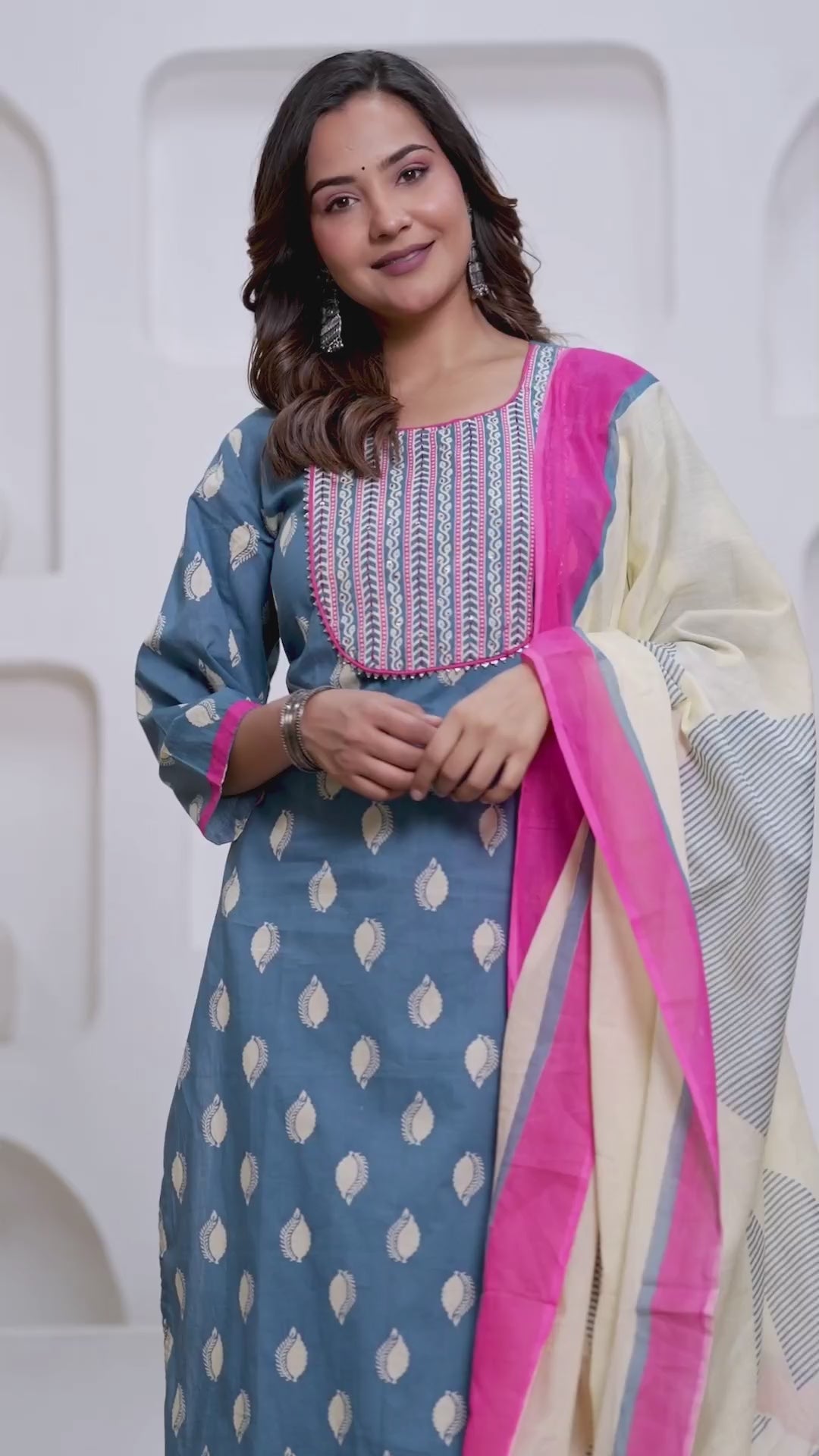 Sky Blue Buti Print Cotton Kurta Pant Set with Designer Dupatta