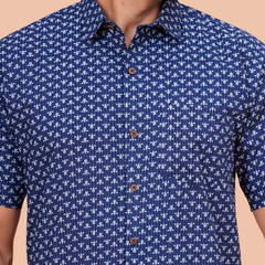 Navy Blue Buti Print Casual Office Wear Shirt for Men – Half Sleeve