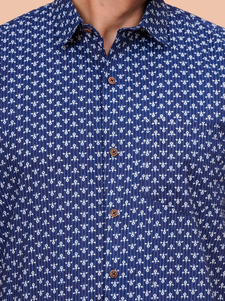 Navy Blue Buti Print Casual Office Wear Shirt for Men – Half Sleeve