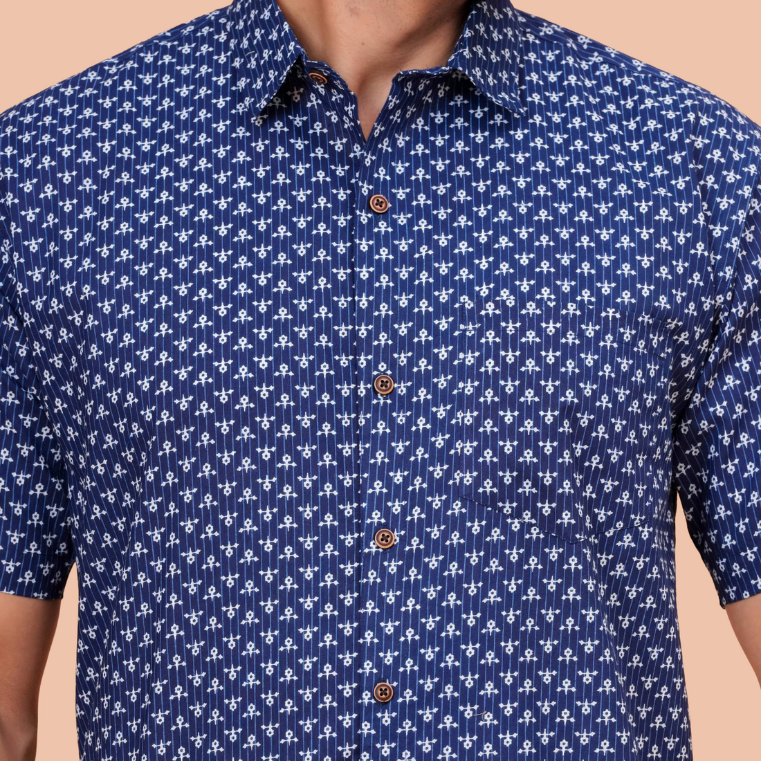 Navy Blue Buti Print Casual Office Wear Shirt for Men – Half Sleeve