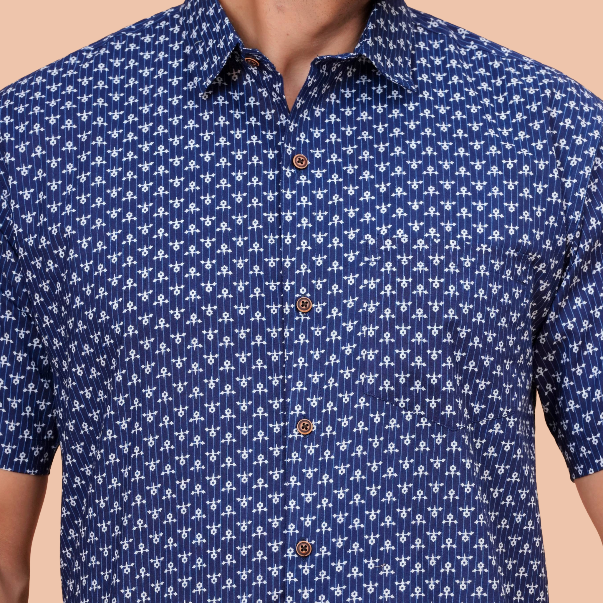 Navy Blue Buti Print Casual Office Wear Shirt for Men – Half Sleeve