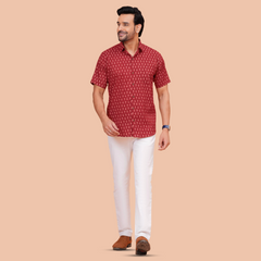 Maroon Jaipuri-Buti Pure Cotton Office Wear Shirt for Men