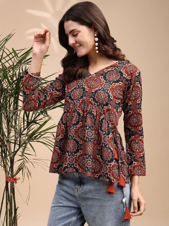 Rust Ajrakh Peplum Short Kurti