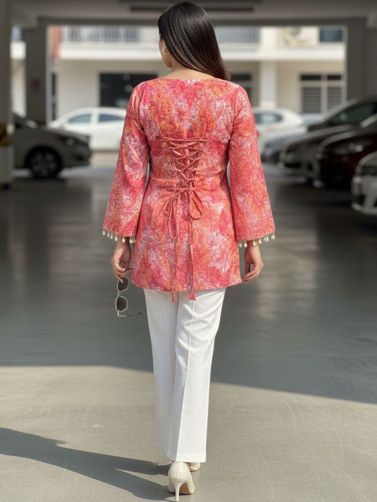 Floral Bell Sleeve Short Kurti