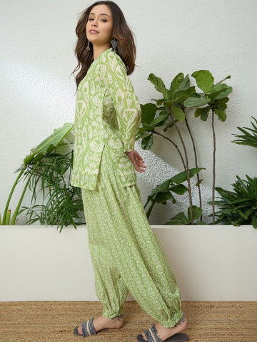 Sage Ikat Cotton Farshi Kurti Set